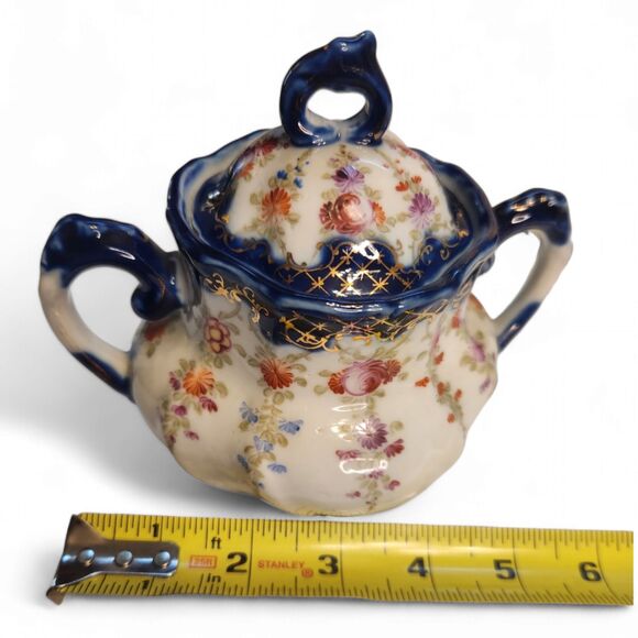 Vintage Creamer Pitcher & Sugar Bowl, Porcelain, Blue, Gold & Painted Flowers - Picture 2 of 15